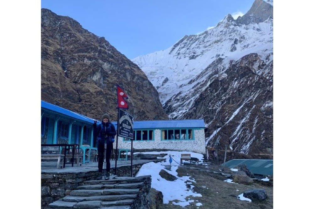 Sunrise over snow peaks seen from the Annapurna Sanctuary