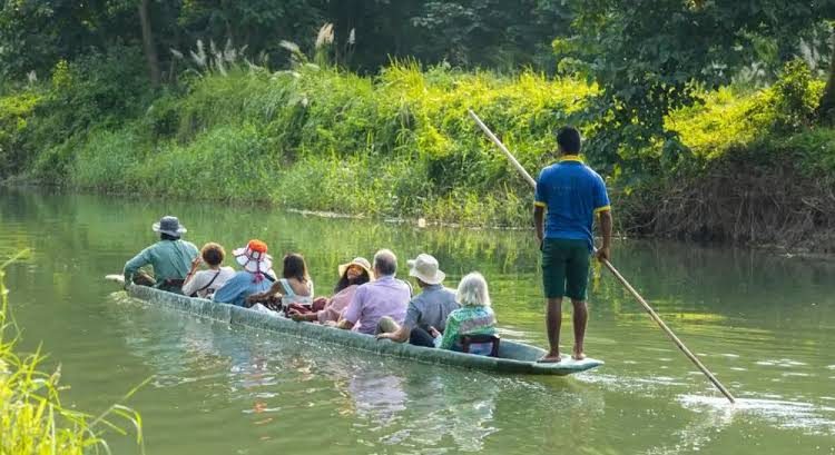Guide poling a traditional canoe of visitors down the river