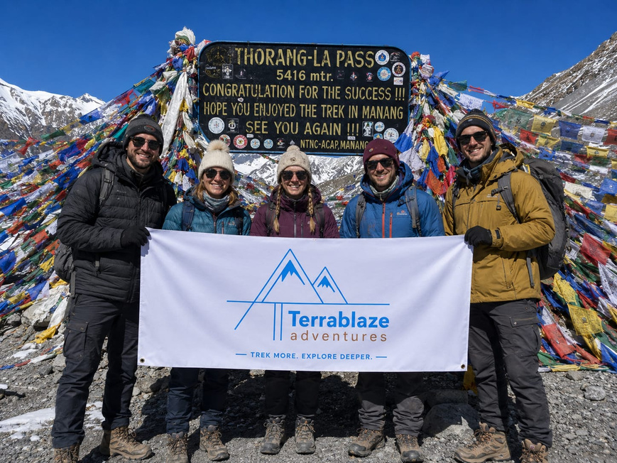 Trekking group at the Thorong La Pass sign, 5,416m