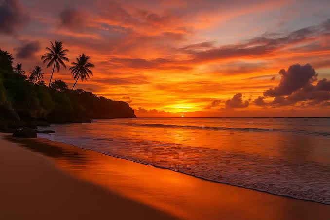 Orange sunset over a palm-fringed beach in Bali