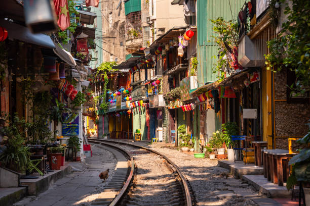 The narrow railway track running between houses on Hanoi's Train Street