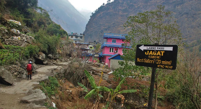Signpost at Jagat, gateway to the Manaslu restricted area
